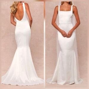 Lulus Luxe Loveliness White Satin Backless Mermaid Maxi Dress, Size Large